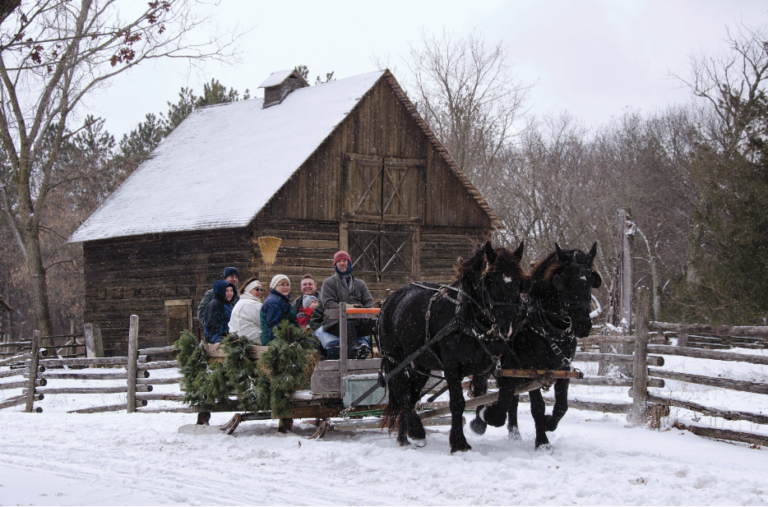 A group of people in winter clothing, outside in the snow on a sled being pulled by two dark colored horses