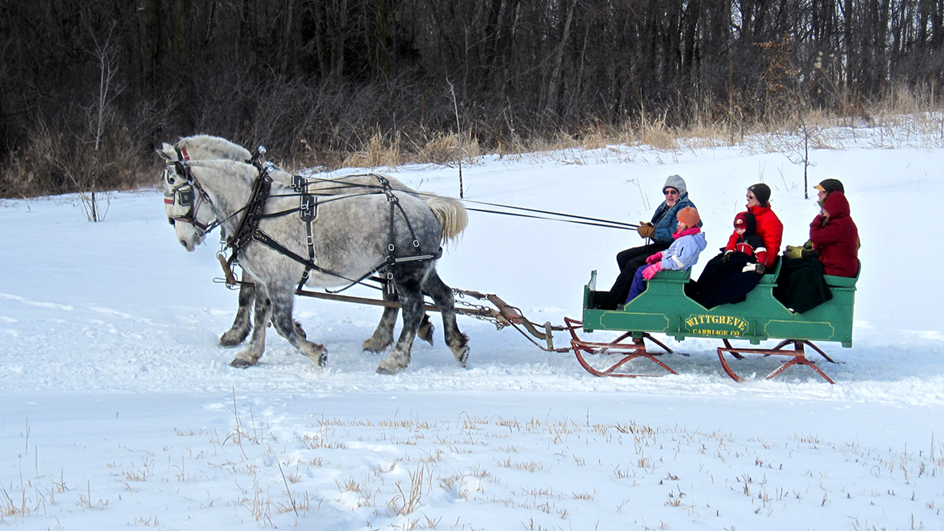 Horses pull a sleigh filled with people at the historical Wade House in Wisconsin.