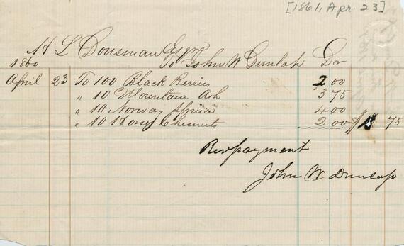 Receipt for trees and shrubs purchased from John M. Dunlop by Hercules Dousman for gardens at Villa Louis.